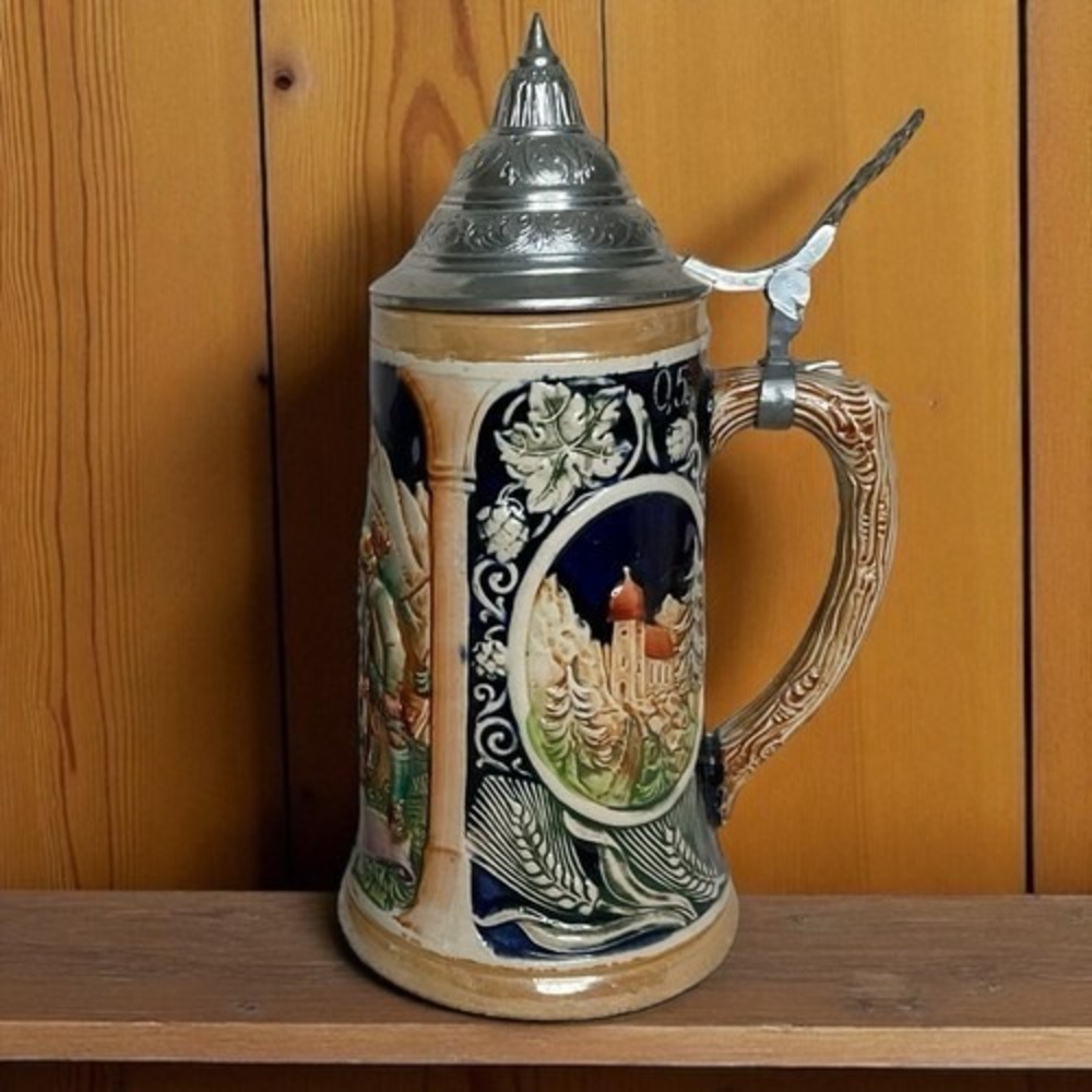 VTG Beer Stein With‎ Lid Made In Western Germany Hunter Date 9" German Porcelain